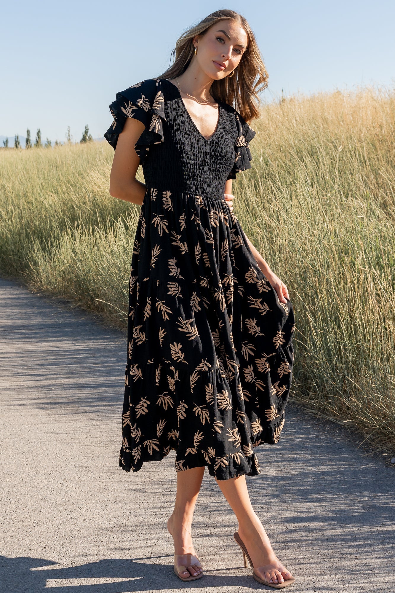 Estelle Smocked Midi Dress | Baltic Born Black + Tan Print