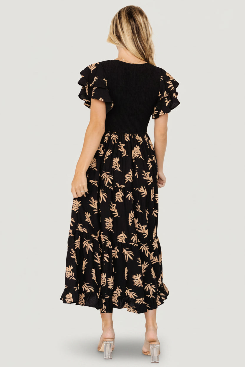 Estelle Smocked Midi Dress | Baltic Born Black + Tan Print