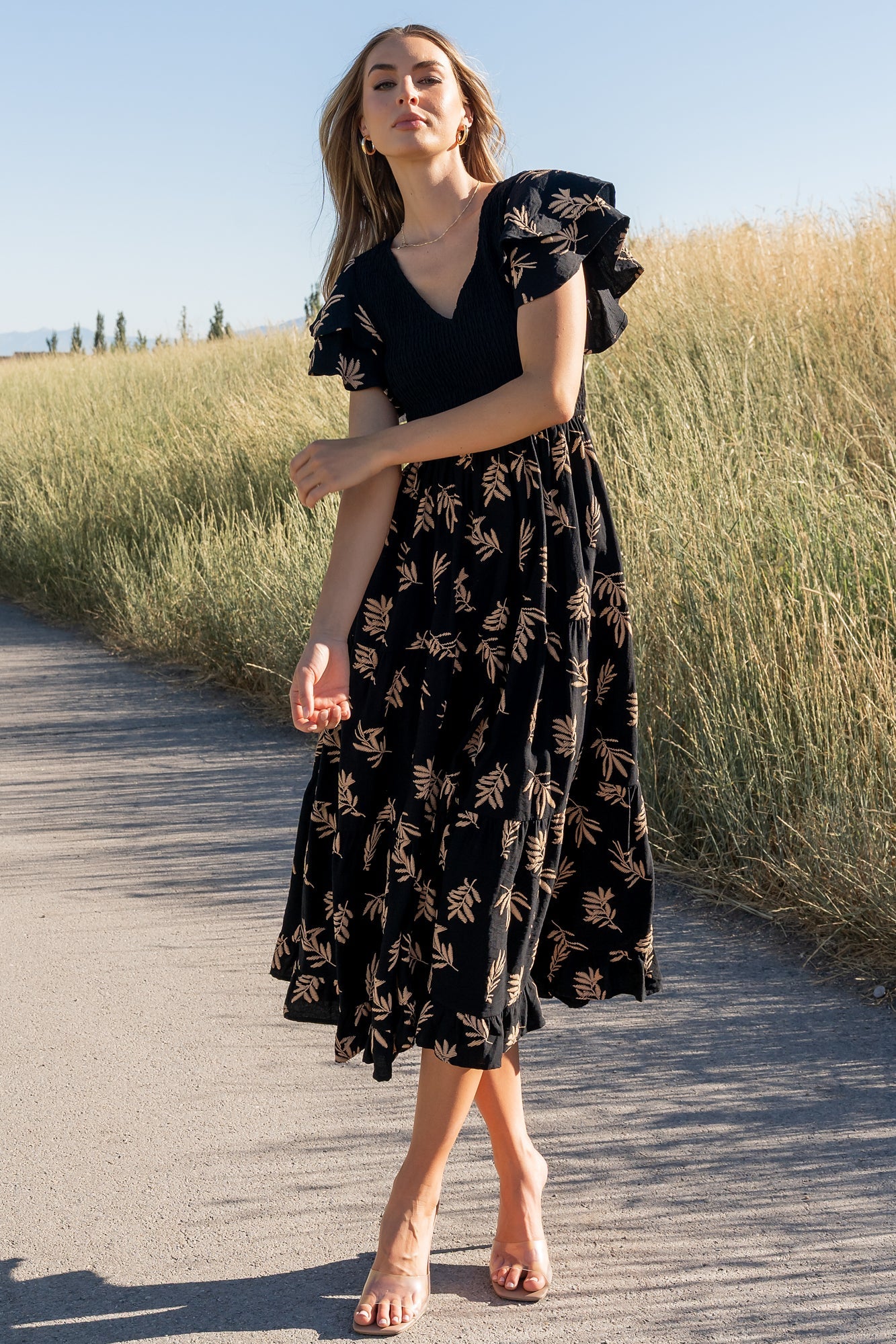 Estelle Smocked Midi Dress | Baltic Born Black + Tan Print
