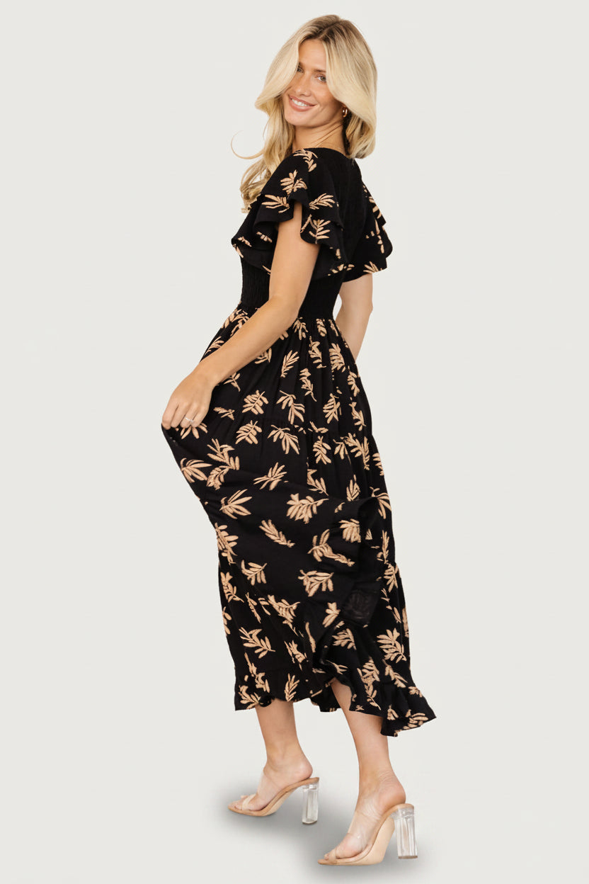 Estelle Smocked Midi Dress | Baltic Born Black + Tan Print