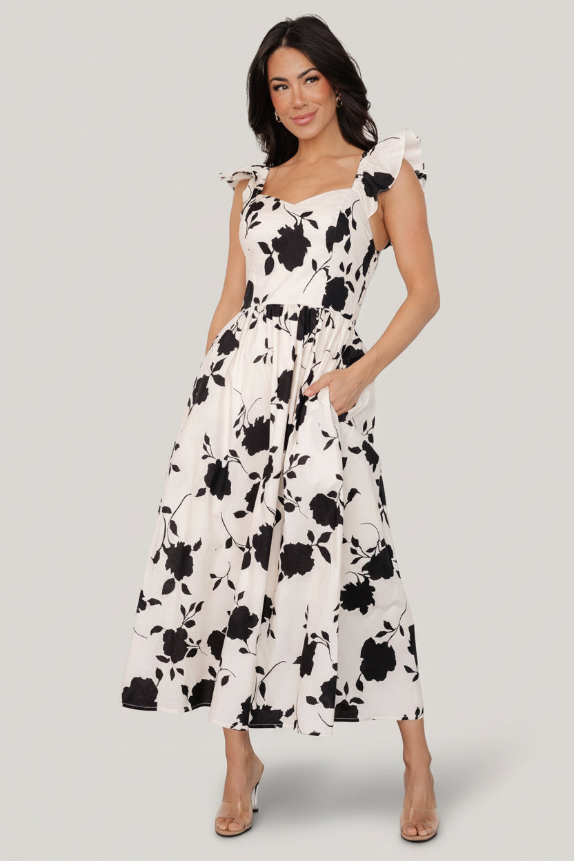 Bridget Midi Dress | Baltic Born Ivory + Black Floral