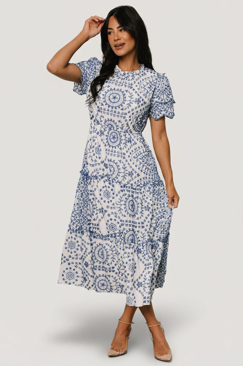 Mirabel Eyelet Midi Dress | Baltic Born White + Blue