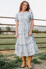 Mirabel Eyelet Midi Dress | Baltic Born White + Blue