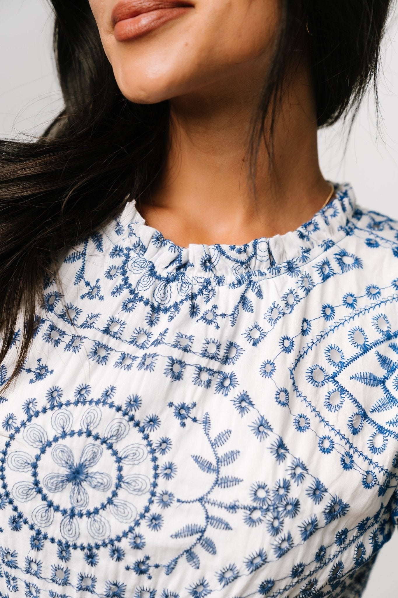 Mirabel Eyelet Midi Dress | Baltic Born White + Blue