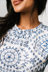 Mirabel Eyelet Midi Dress | Baltic Born White + Blue