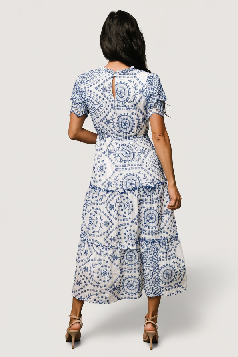 Mirabel Eyelet Midi Dress | Baltic Born White + Blue