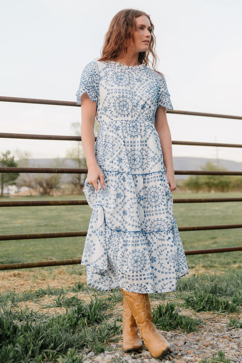 Mirabel Eyelet Midi Dress | Baltic Born White + Blue