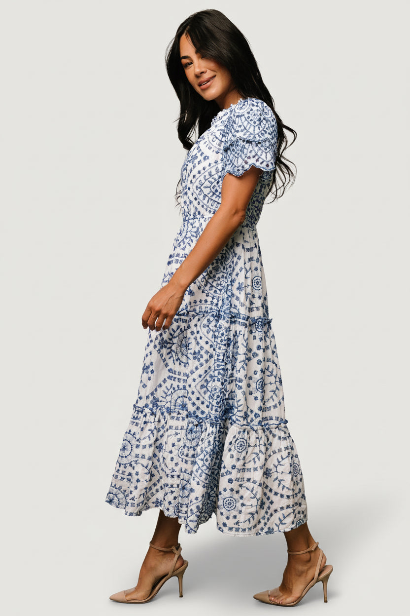 Mirabel Eyelet Midi Dress | Baltic Born White + Blue