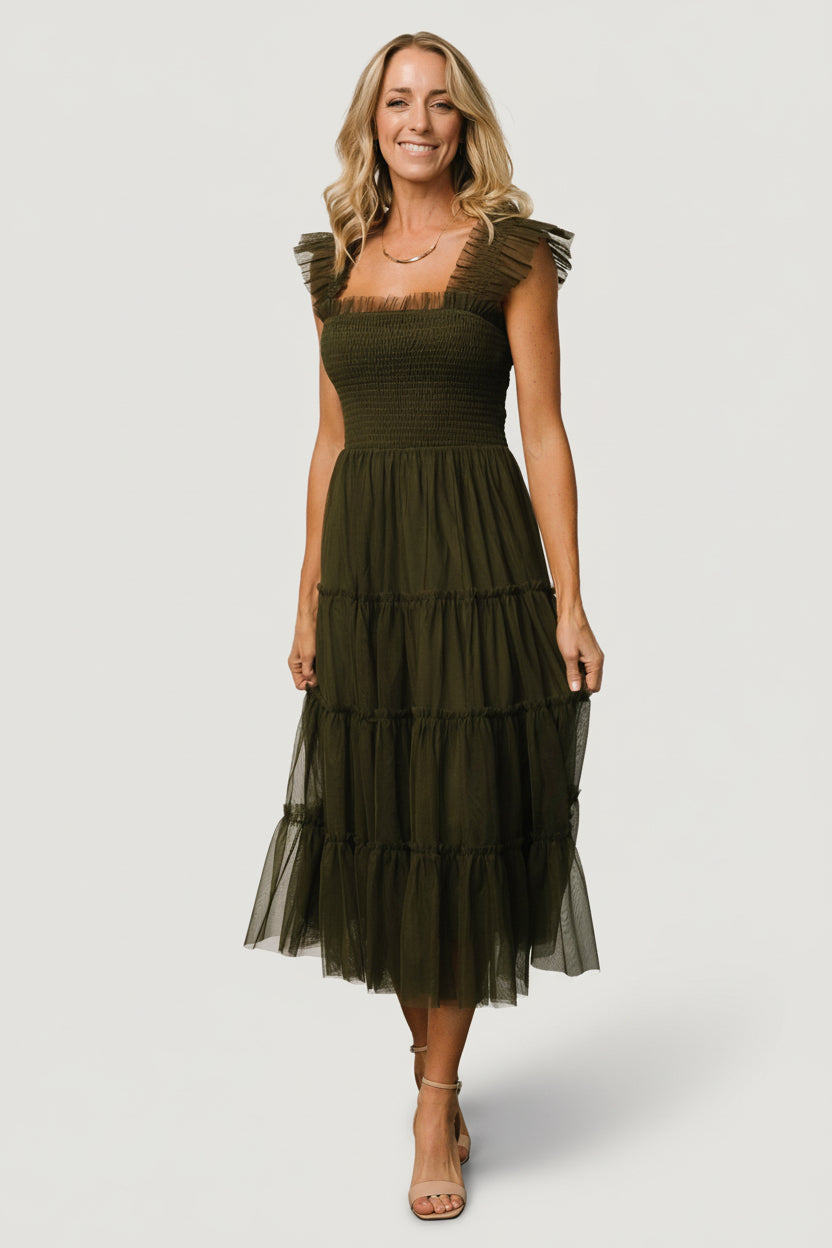 Emma Smocked Tulle Dress | Baltic Born Dark Olive