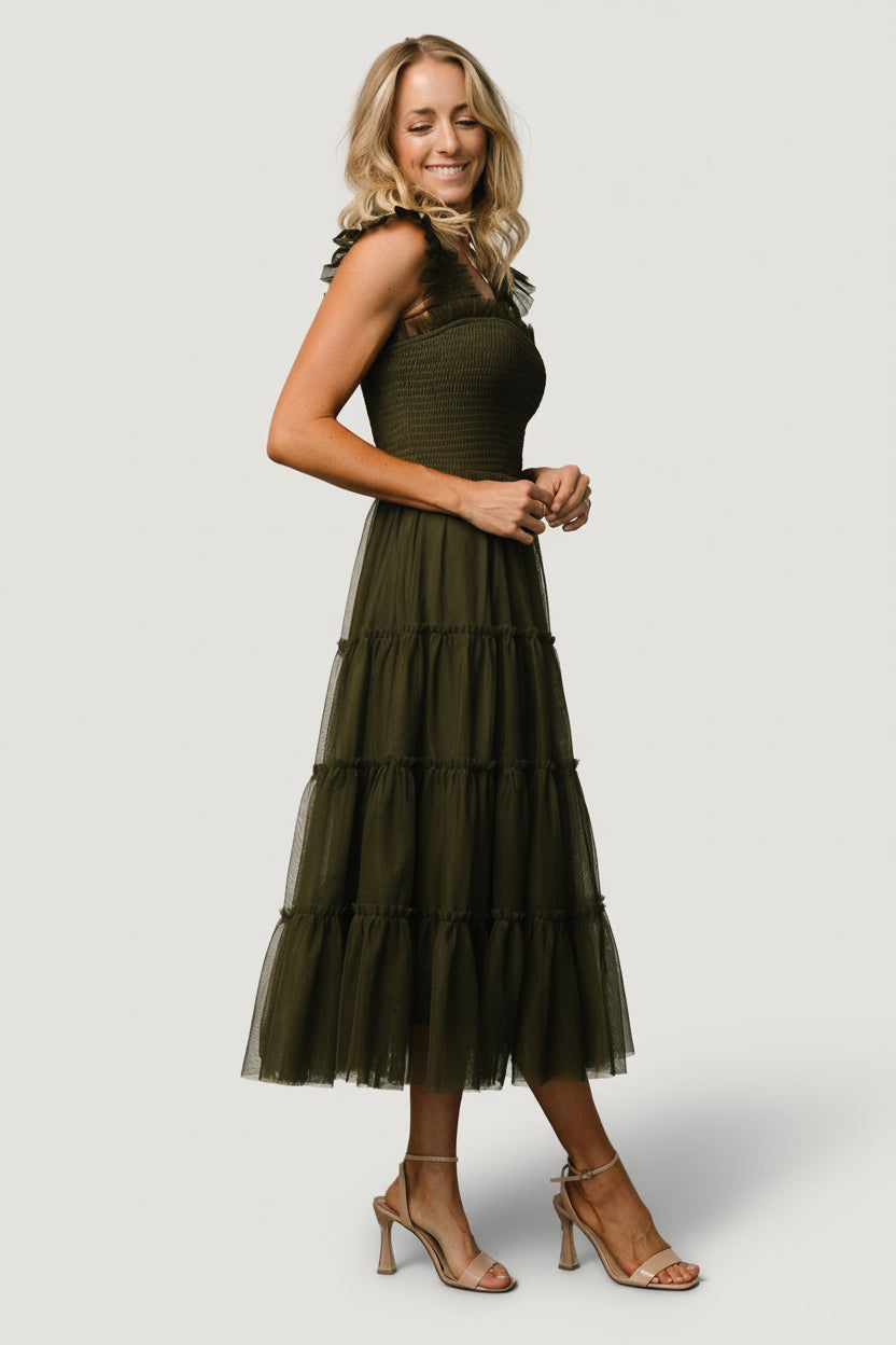 Emma Smocked Tulle Dress | Baltic Born Dark Olive