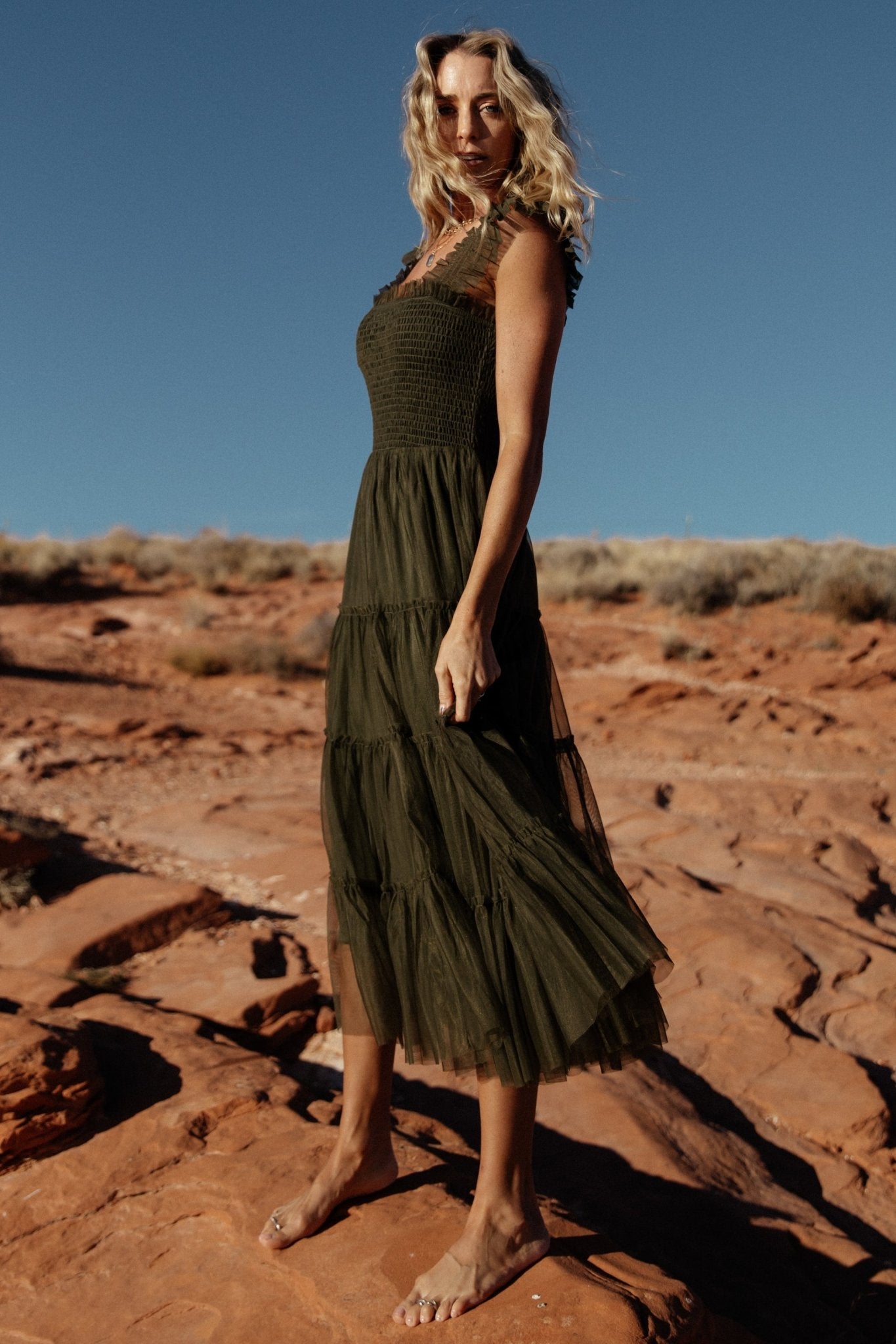 Emma Smocked Tulle Dress | Baltic Born Dark Olive