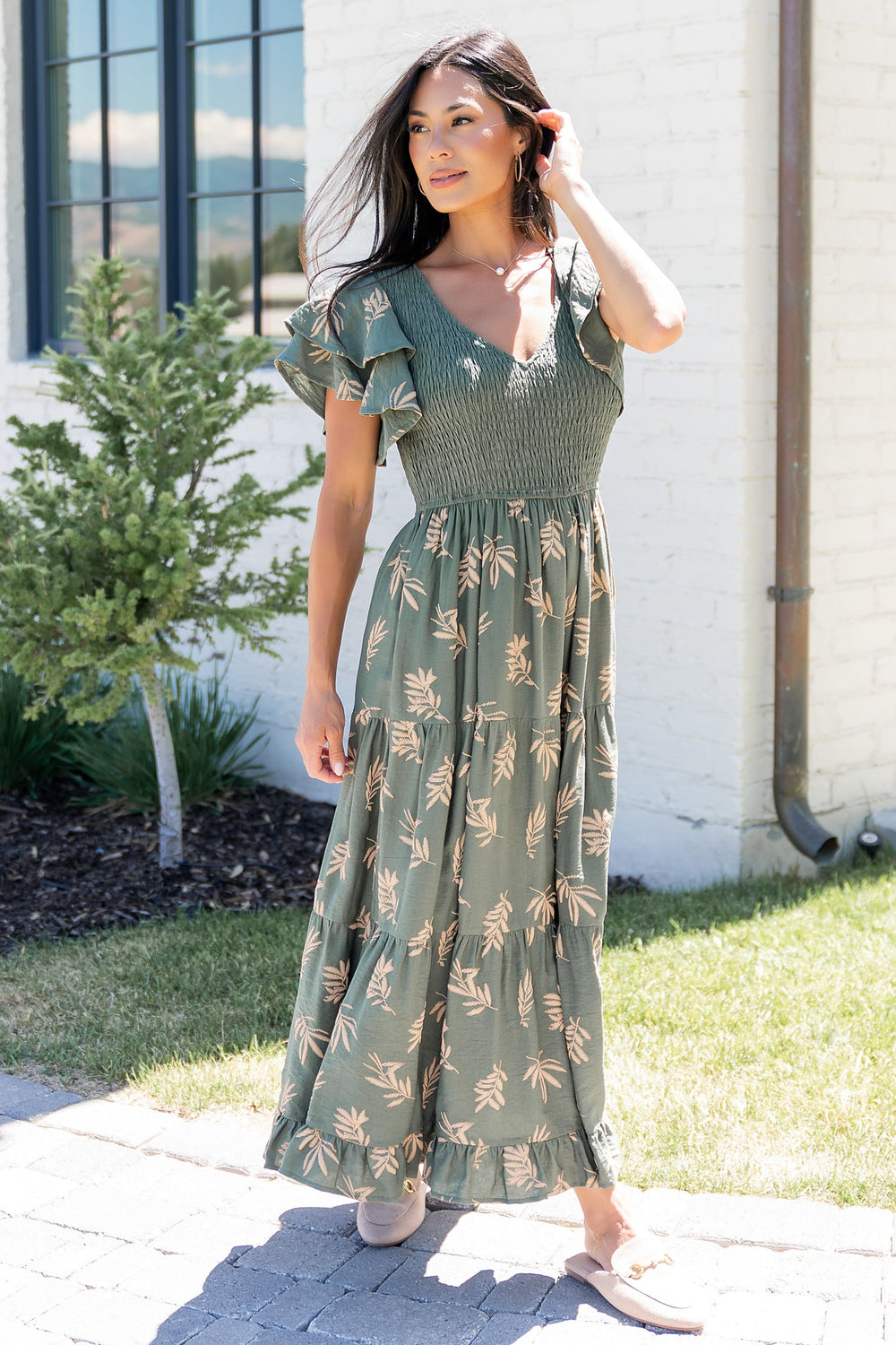 Estelle Smocked Midi Dress | Baltic Born Green + Tan Print