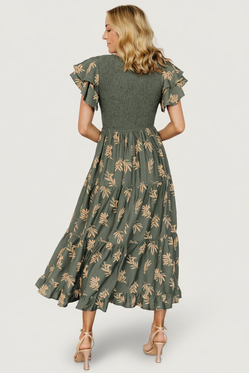 Estelle Smocked Midi Dress | Baltic Born Green + Tan Print
