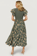 Estelle Smocked Midi Dress | Baltic Born Green + Tan Print