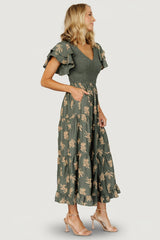 Estelle Smocked Midi Dress | Baltic Born Green + Tan Print