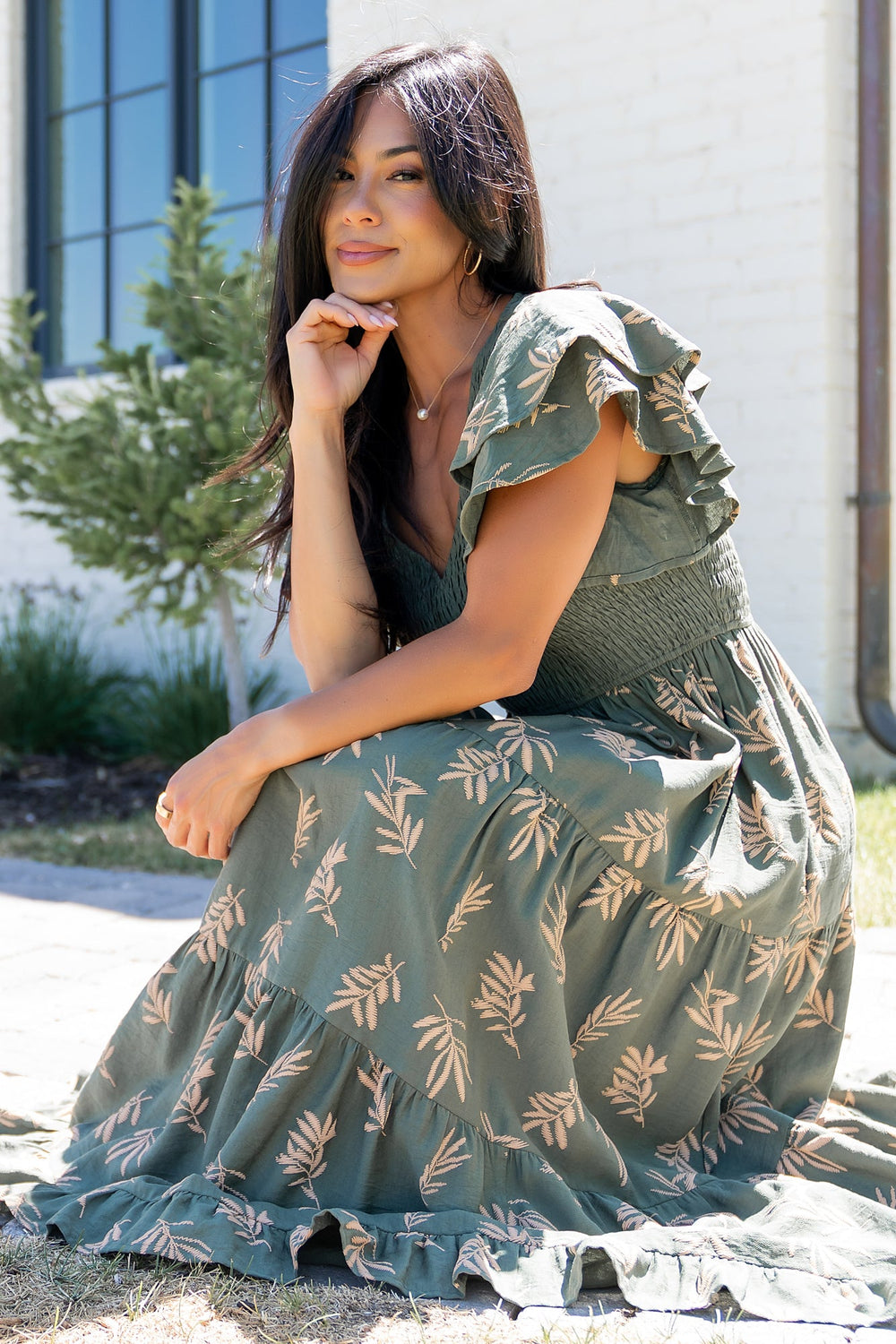 Estelle Smocked Midi Dress | Baltic Born Green + Tan Print