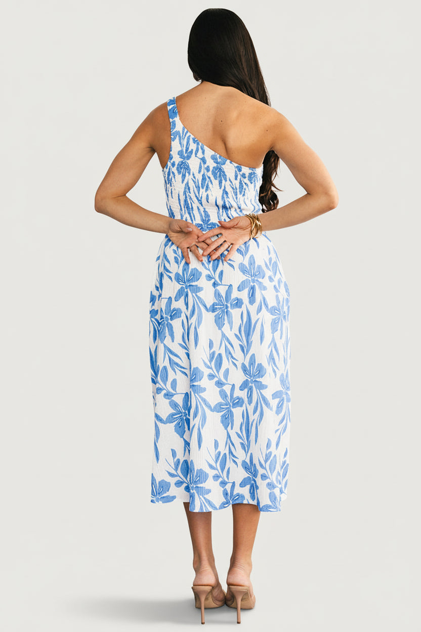 Brisa One Shoulder Midi Dress | Baltic Born White + Blue