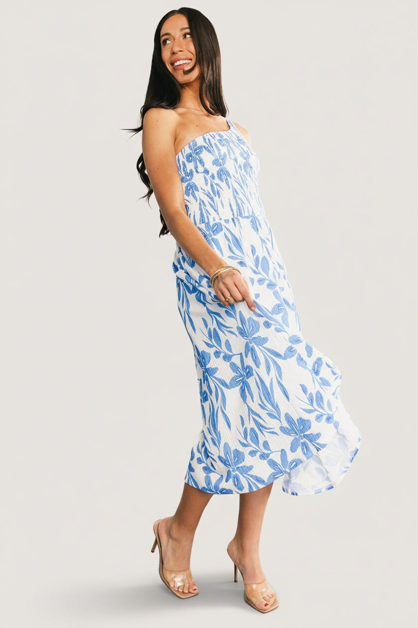 Brisa One Shoulder Midi Dress | Baltic Born White + Blue