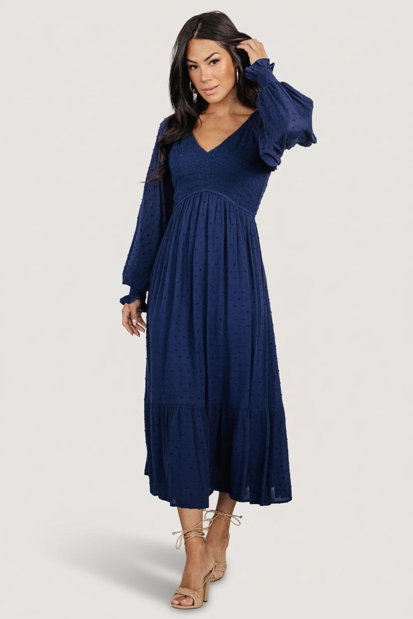 Lainey Smocked Dotted Midi Dress | Baltic Born Midnight Blue