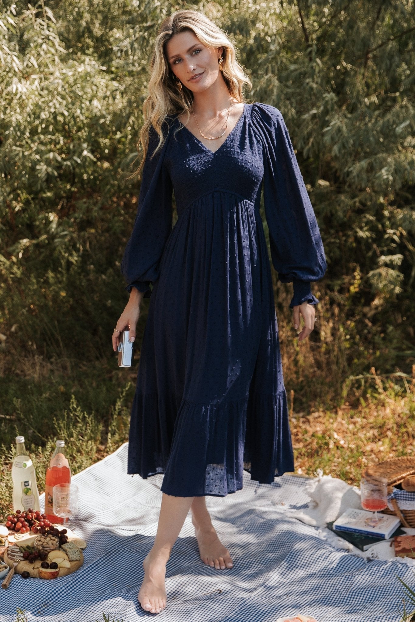 Lainey Smocked Dotted Midi Dress | Baltic Born Midnight Blue