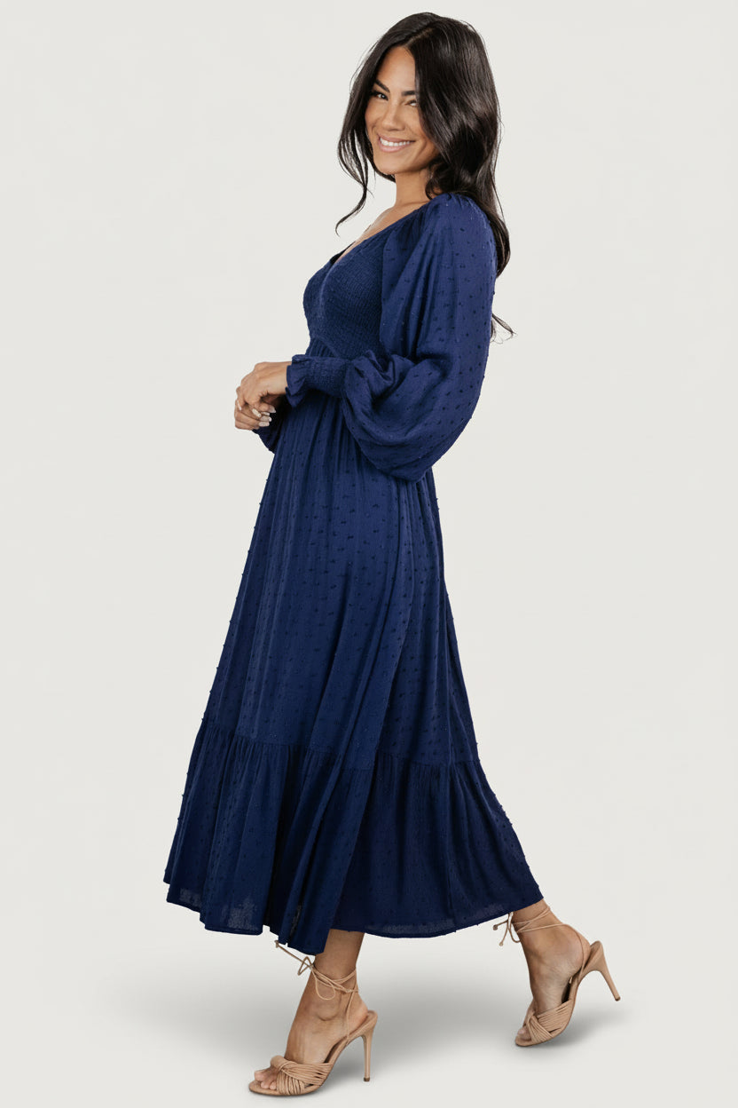 Lainey Smocked Dotted Midi Dress | Baltic Born Midnight Blue