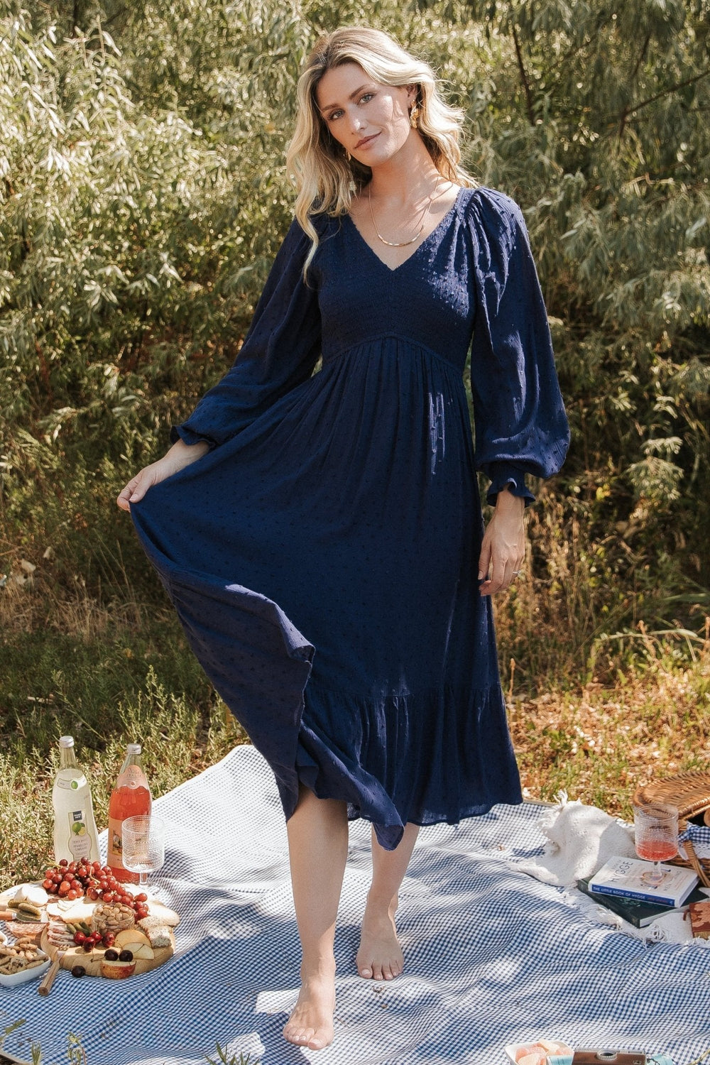 Lainey Smocked Dotted Midi Dress | Baltic Born Midnight Blue