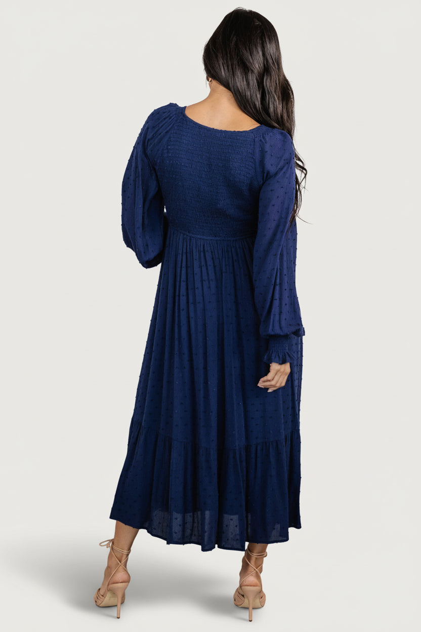 Lainey Smocked Dotted Midi Dress | Baltic Born Midnight Blue