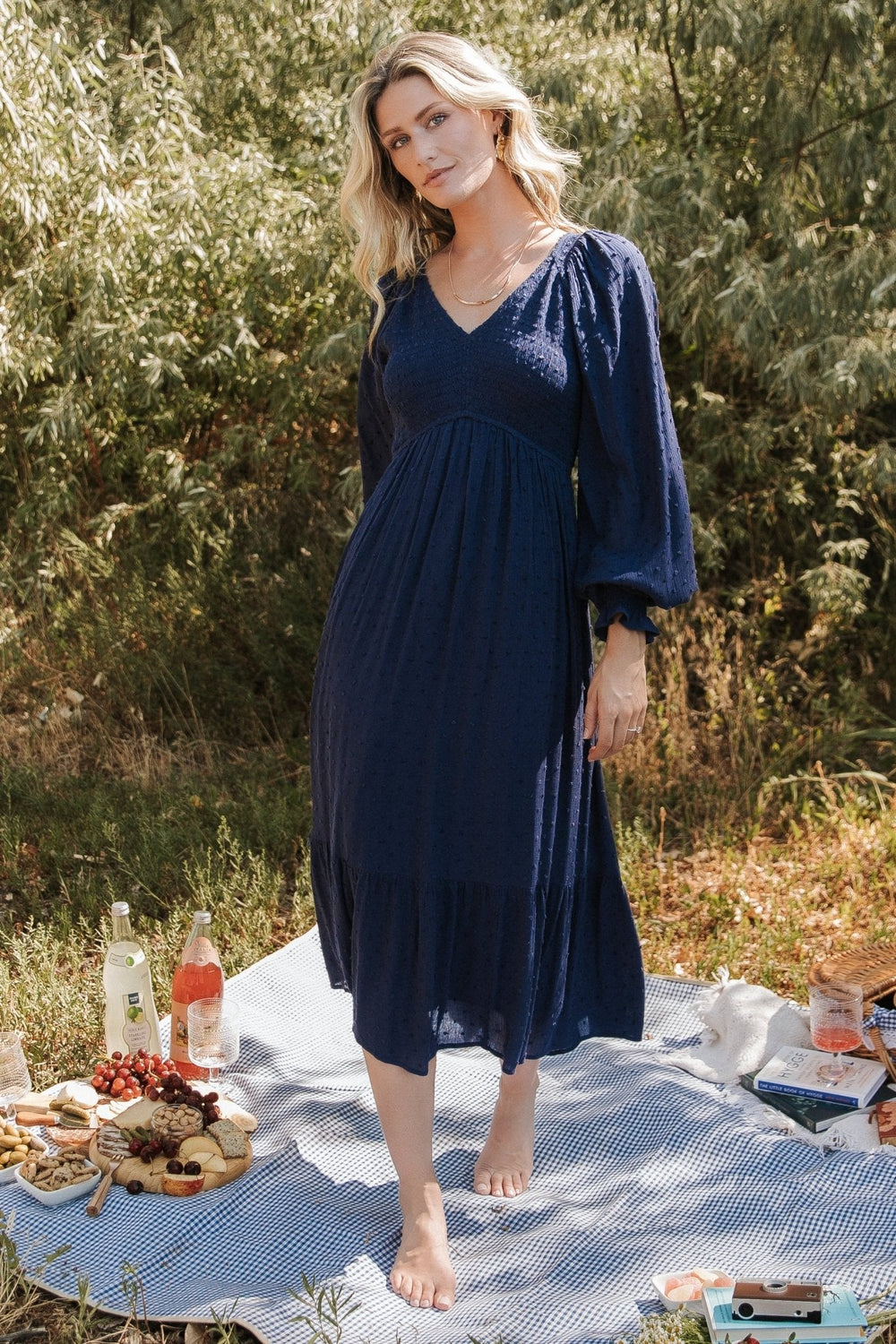 Lainey Smocked Dotted Midi Dress | Baltic Born Midnight Blue