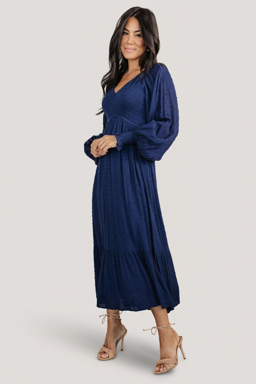 Lainey Smocked Dotted Midi Dress | Baltic Born Midnight Blue