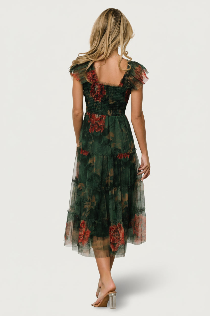 Clementine Tulle Midi Dress | Baltic Born Dark Green Floral
