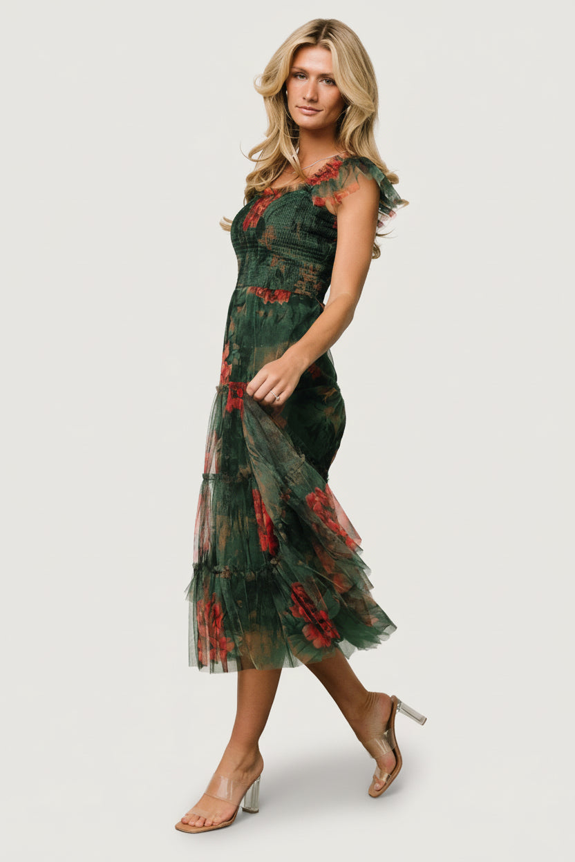 Clementine Tulle Midi Dress | Baltic Born Dark Green Floral