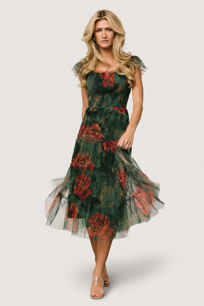 Clementine Tulle Midi Dress | Baltic Born Dark Green Floral
