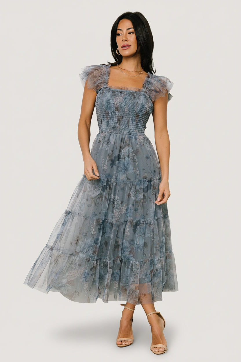 Clementine Tulle Midi Dress | Baltic Born Dusty Blue Floral