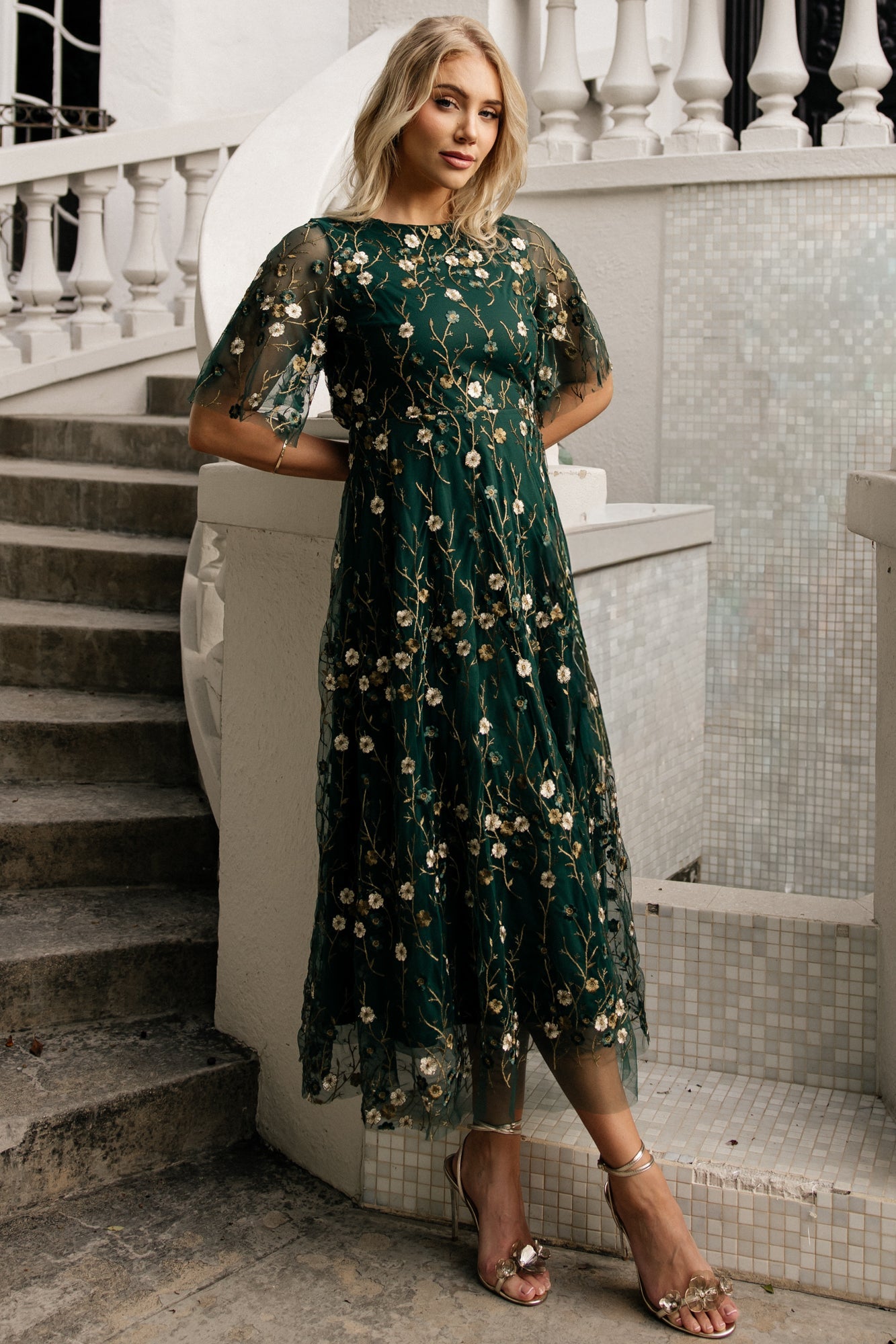 Arabella Embroidered Tulle Maxi Dress | Baltic Born Dark Green Floral