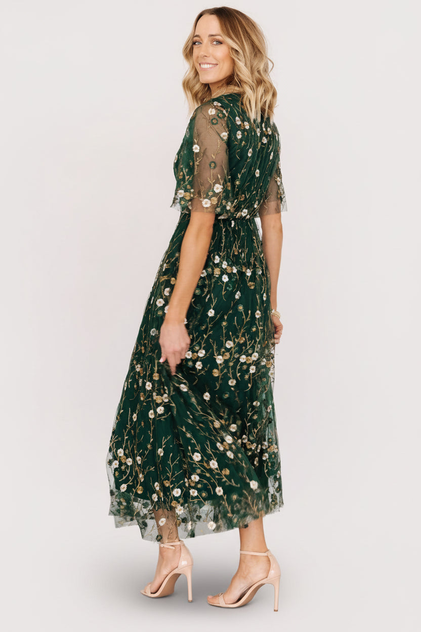 Arabella Embroidered Tulle Maxi Dress | Baltic Born Dark Green Floral