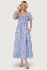 Haddie Smocked Midi Dress | Baltic Born Light Blue + Rose Floral
