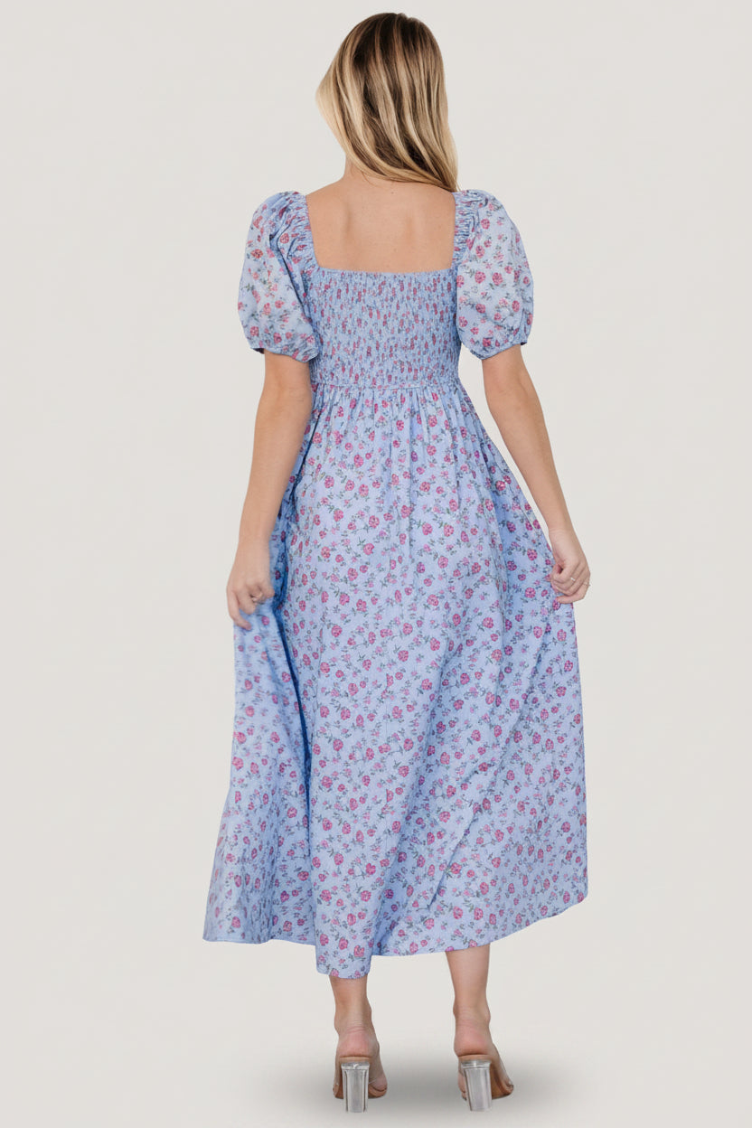 Haddie Smocked Midi Dress | Baltic Born Light Blue + Rose Floral