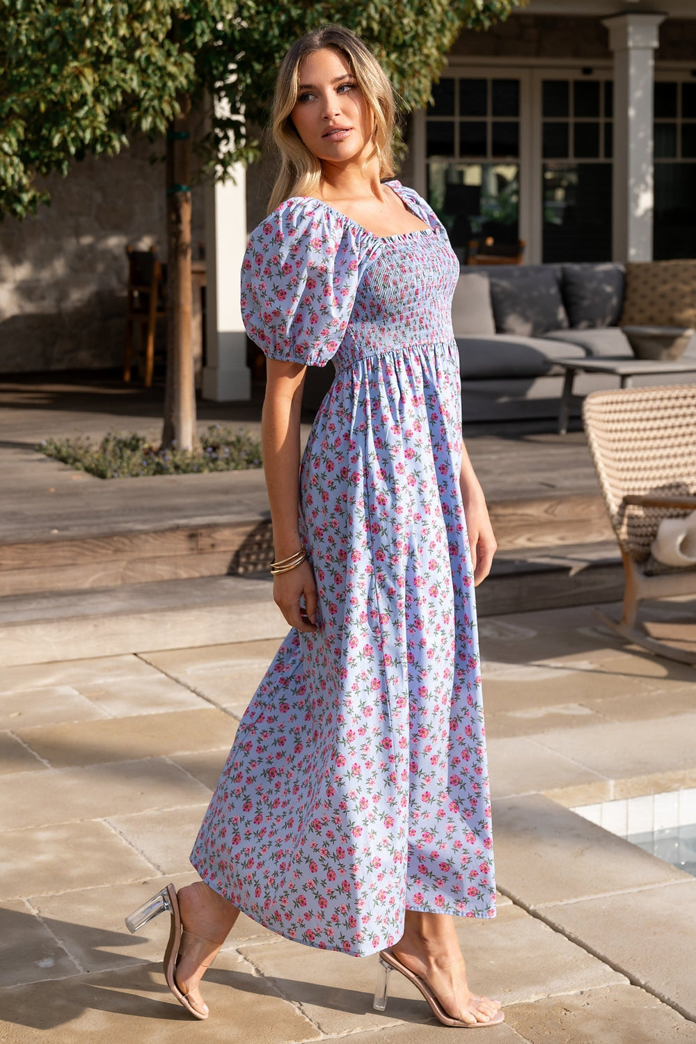 Haddie Smocked Midi Dress | Baltic Born Light Blue + Rose Floral