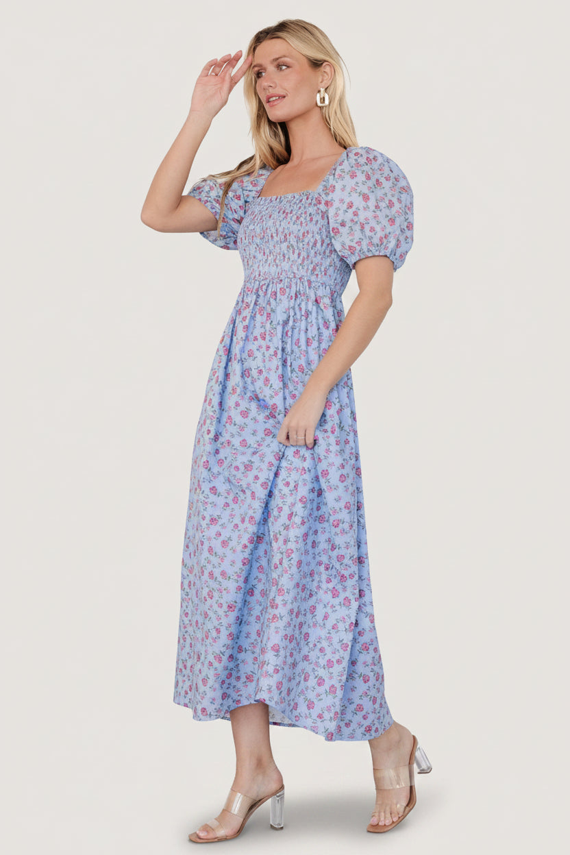 Haddie Smocked Midi Dress | Baltic Born Light Blue + Rose Floral