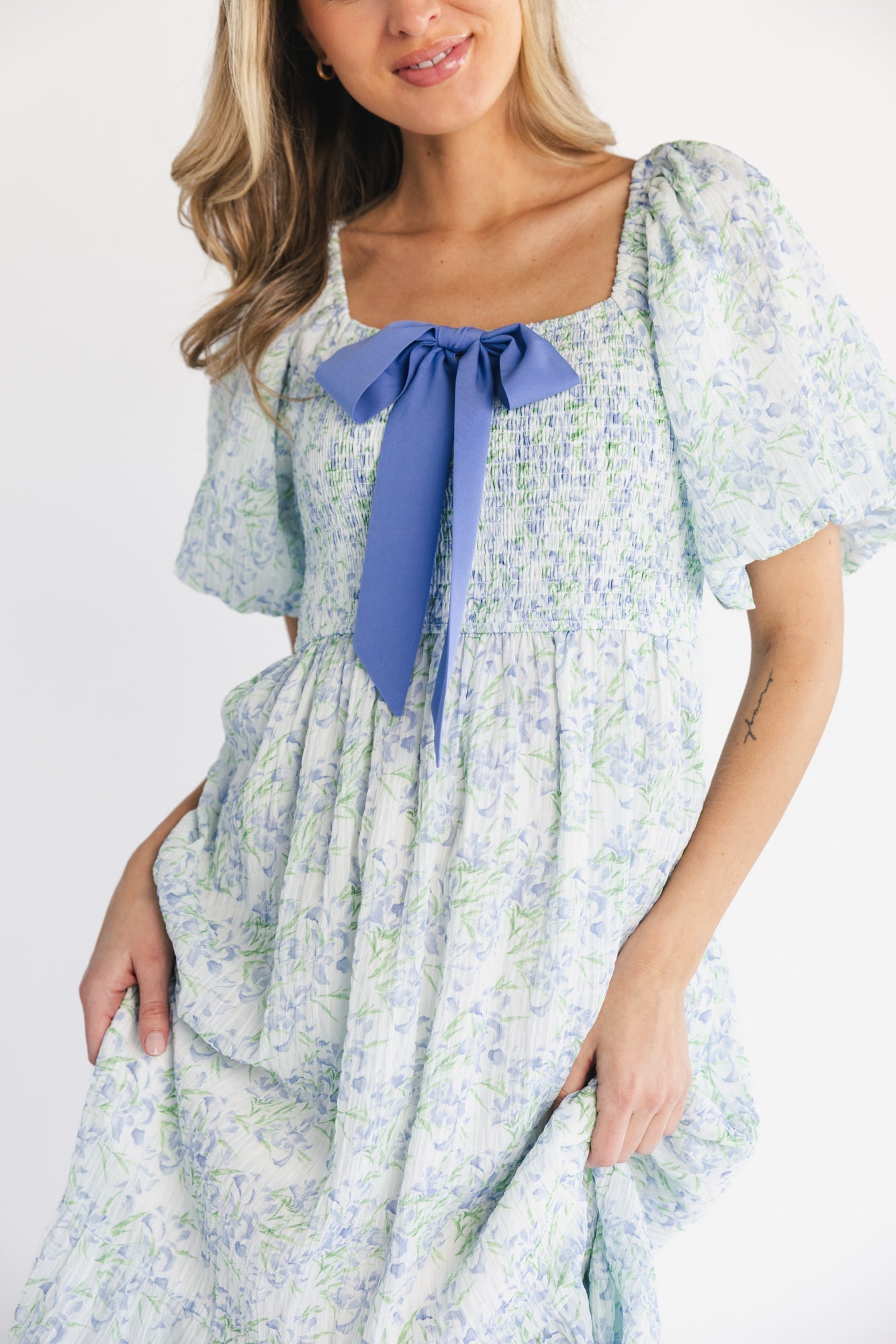 Jane Bow Midi Dress | Baltic Born Blue + Green Floral