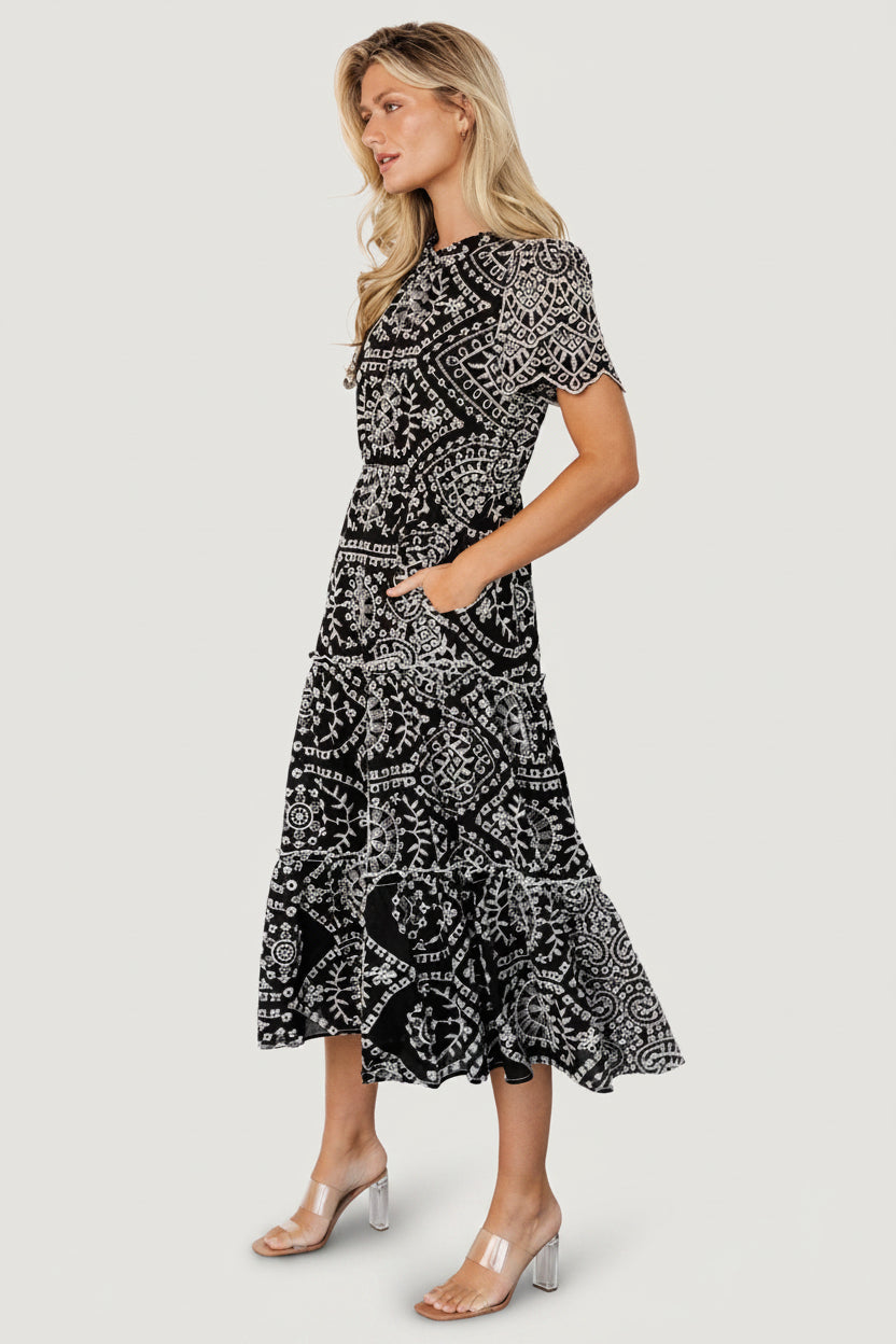 Mirabel Eyelet Midi Dress | Baltic Born Black + White