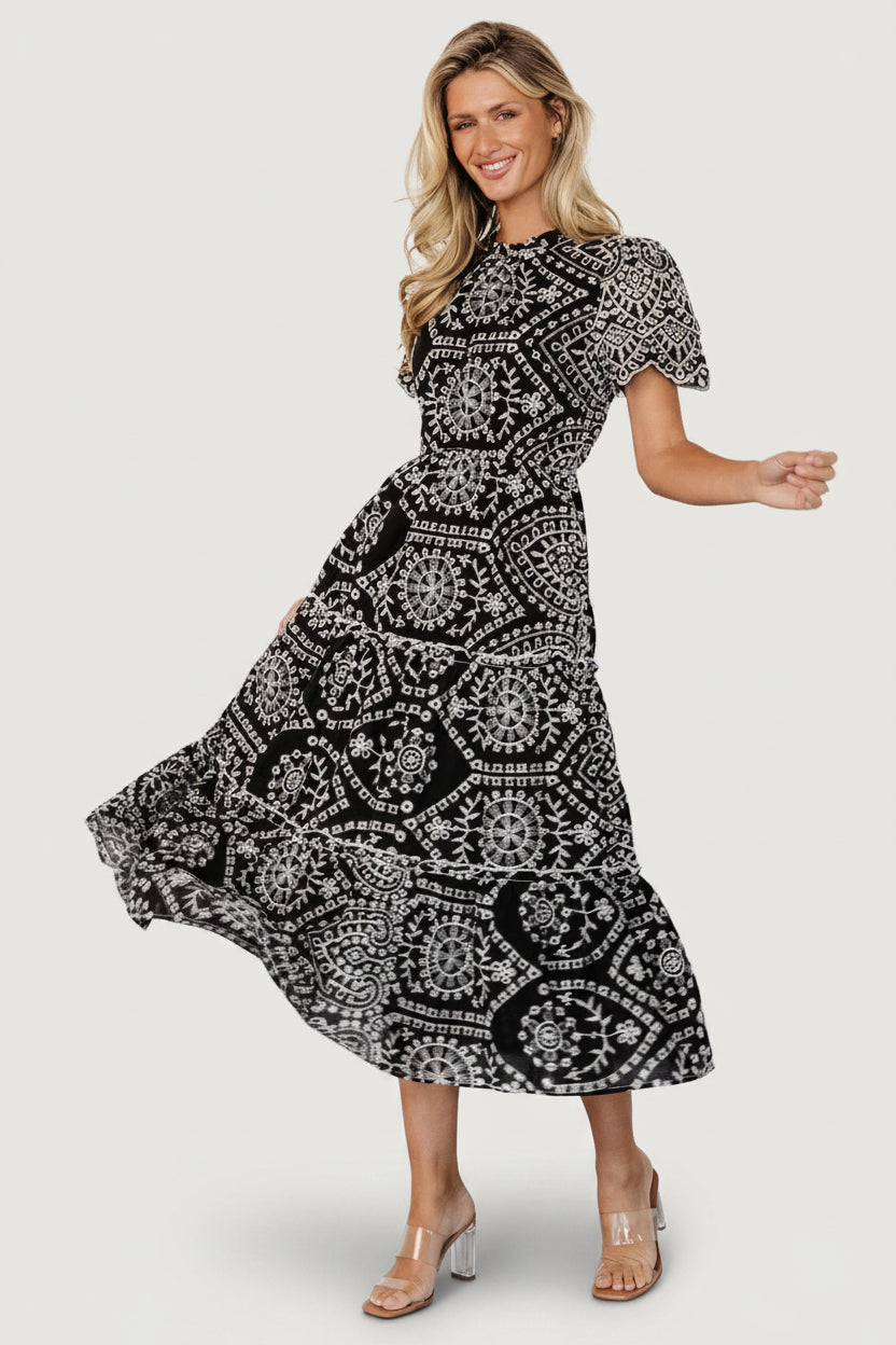 Mirabel Eyelet Midi Dress | Baltic Born Black + White
