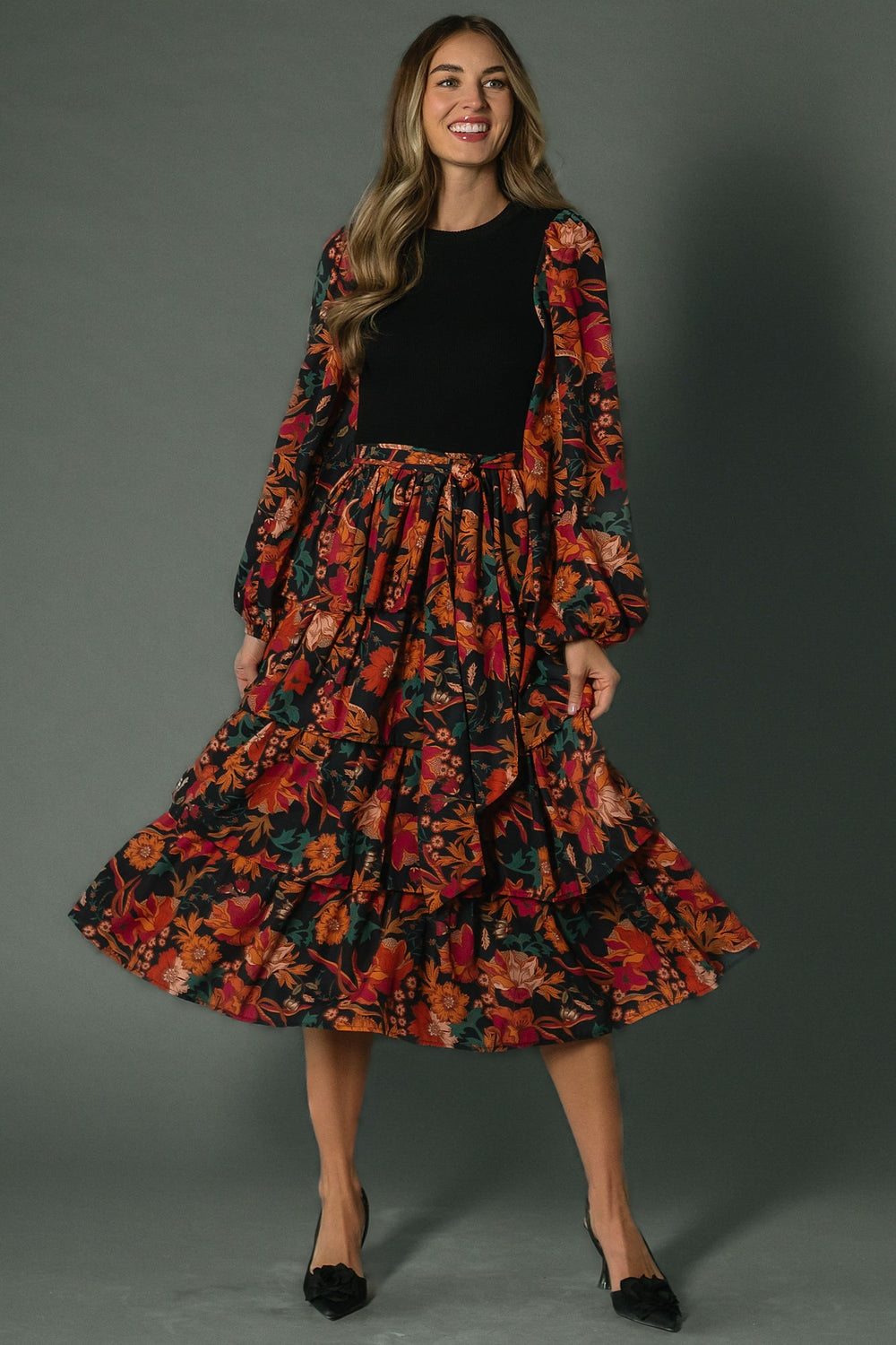 Sylvie Tiered Midi Dress | Baltic Born Black Multi