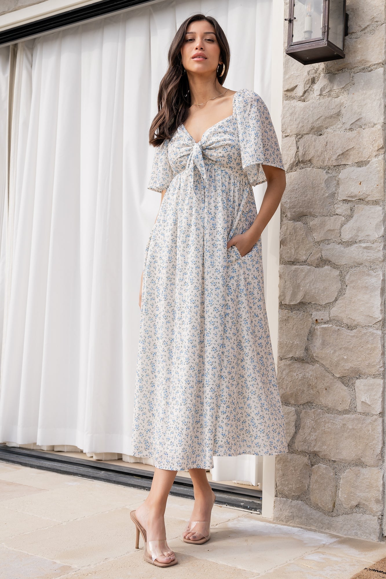 Carah Tie Dress | Baltic Born Off White + Blue Floral