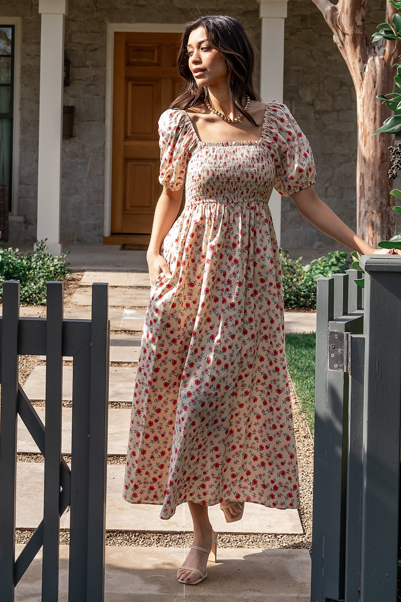 Haddie Smocked Midi Dress | Baltic Born Cream + Rose Floral