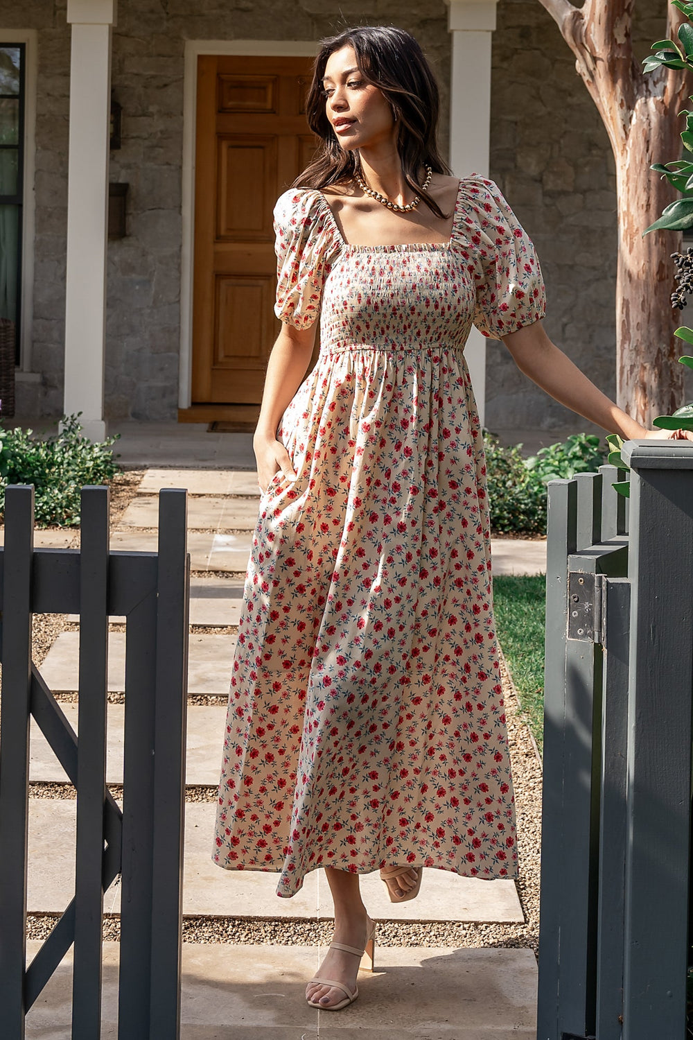 Haddie Smocked Midi Dress | Baltic Born Cream + Rose Floral