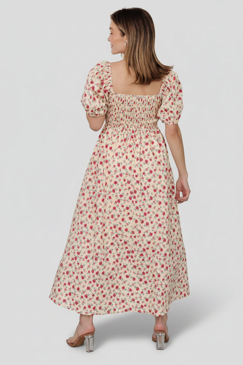 Haddie Smocked Midi Dress | Baltic Born Cream + Rose Floral
