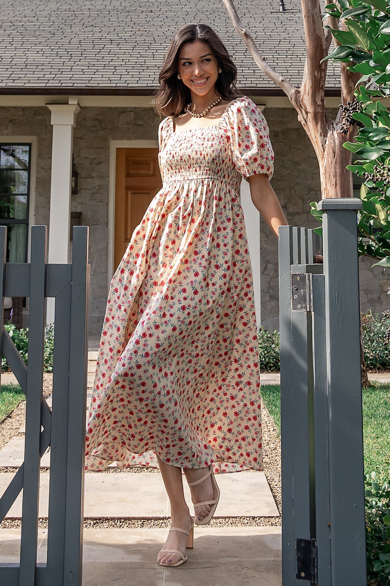 Haddie Smocked Midi Dress | Baltic Born Cream + Rose Floral