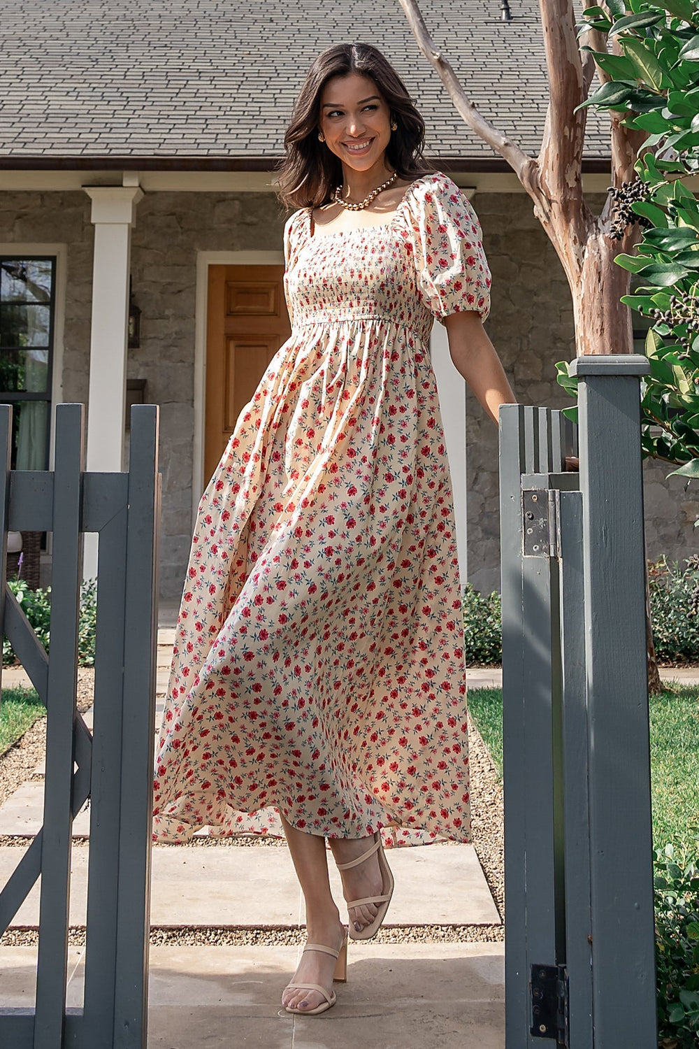 Haddie Smocked Midi Dress | Baltic Born Cream + Rose Floral