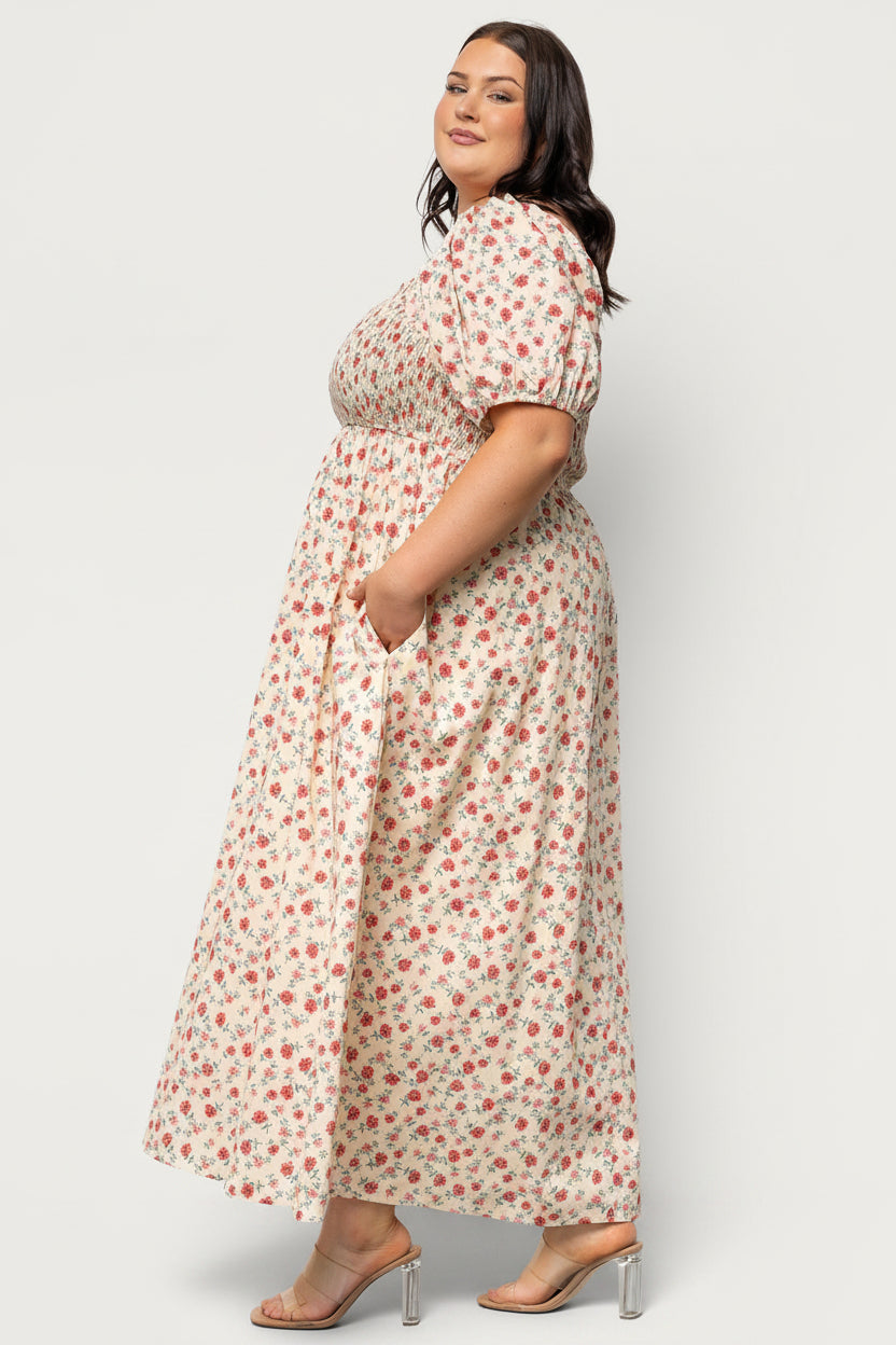 Haddie Smocked Midi Dress | Baltic Born Cream + Rose Floral